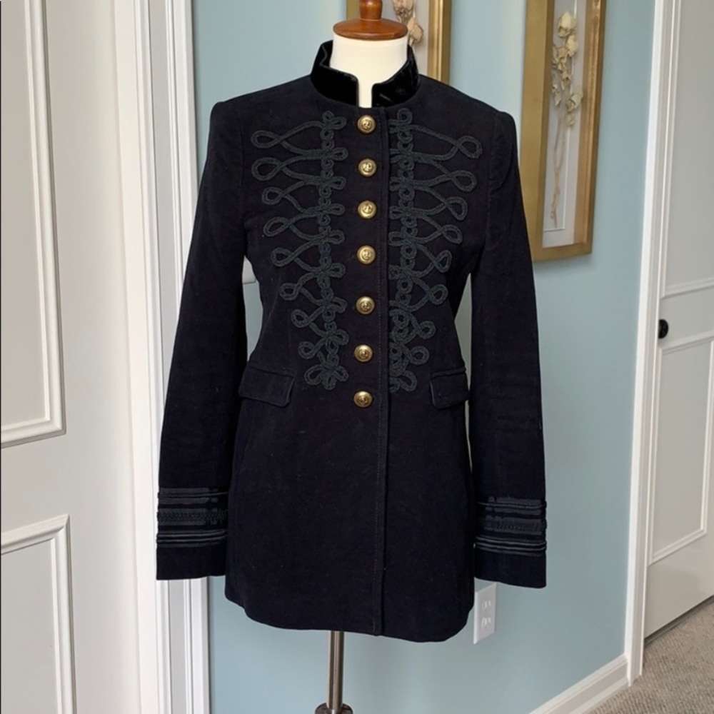 Zara Black Military-Style Wool Pea Coat with Gold Buttons
